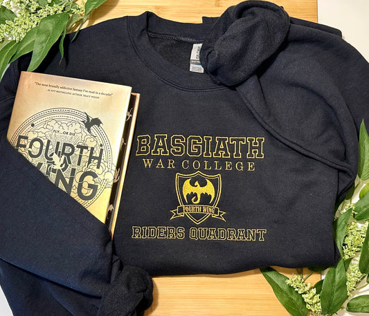 Embroidered Basgiath War College Sweatshirt with Gold Lettering No Back